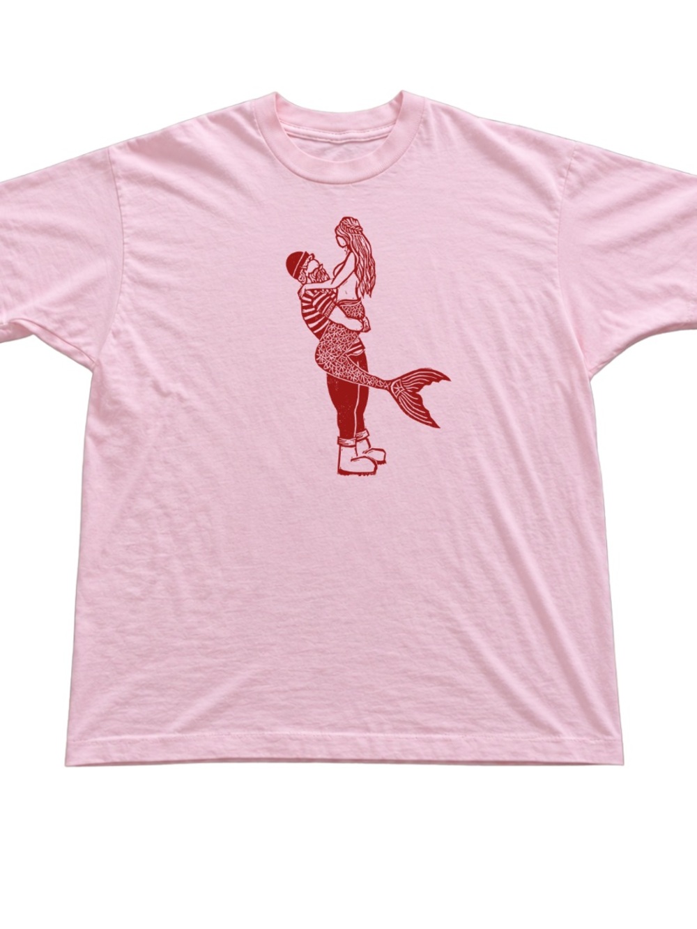 Light Pink Short Sleeve Tee with Red Mermaid Graphic